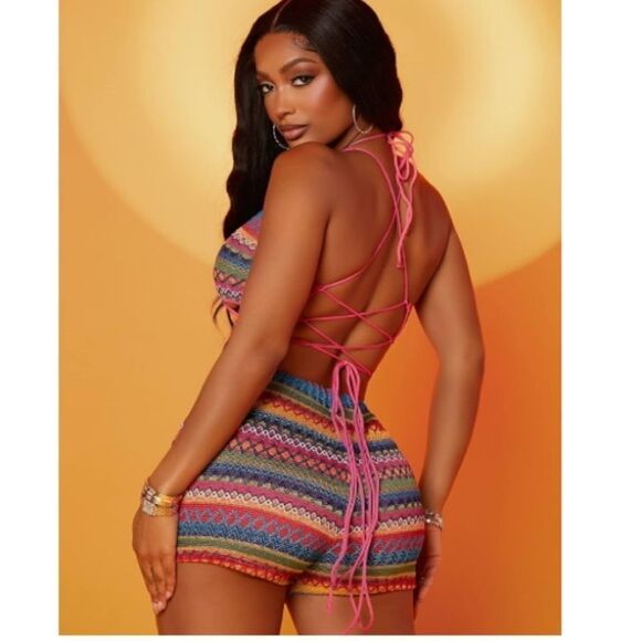 Adioli Lace Up Back Halter Top Shorts set Multicolored Crochet Look Sz M - Picture 2 of 10